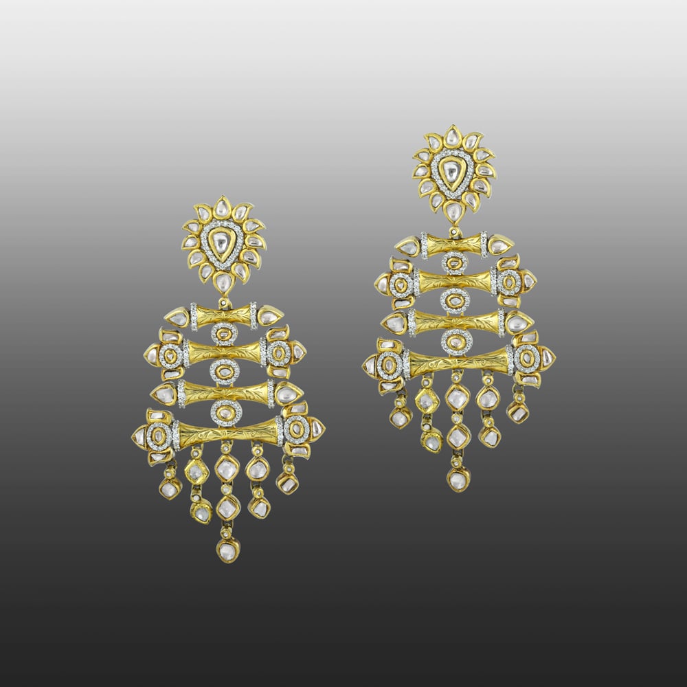 Cascading Polki Golden Chandelier Earrings